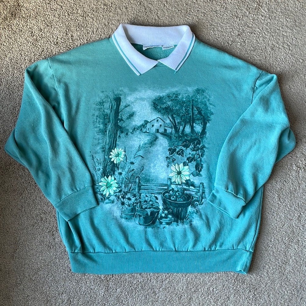 🏡 Vintage Basic Editions Farmhouse Collared Sweatshirt – Cozy Cottagecore Style